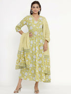 Miravan Women's Cotton Floral Print Anarkali Kurta With Dupatta