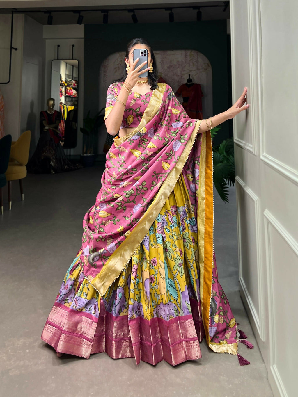 Vastranavya Kalamkari Printed Dola Silk Lehenga Choli - Mustard