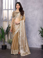 Vastranavya Beige Embroidery Work Shimmer Chiffon Saree with Unstitched Blouse - Distacart
