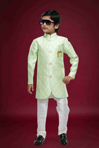 Raivat Ethnic Kids Banarasi Jacquard Woven Work Semi Indo Western Set Pista Green Colour