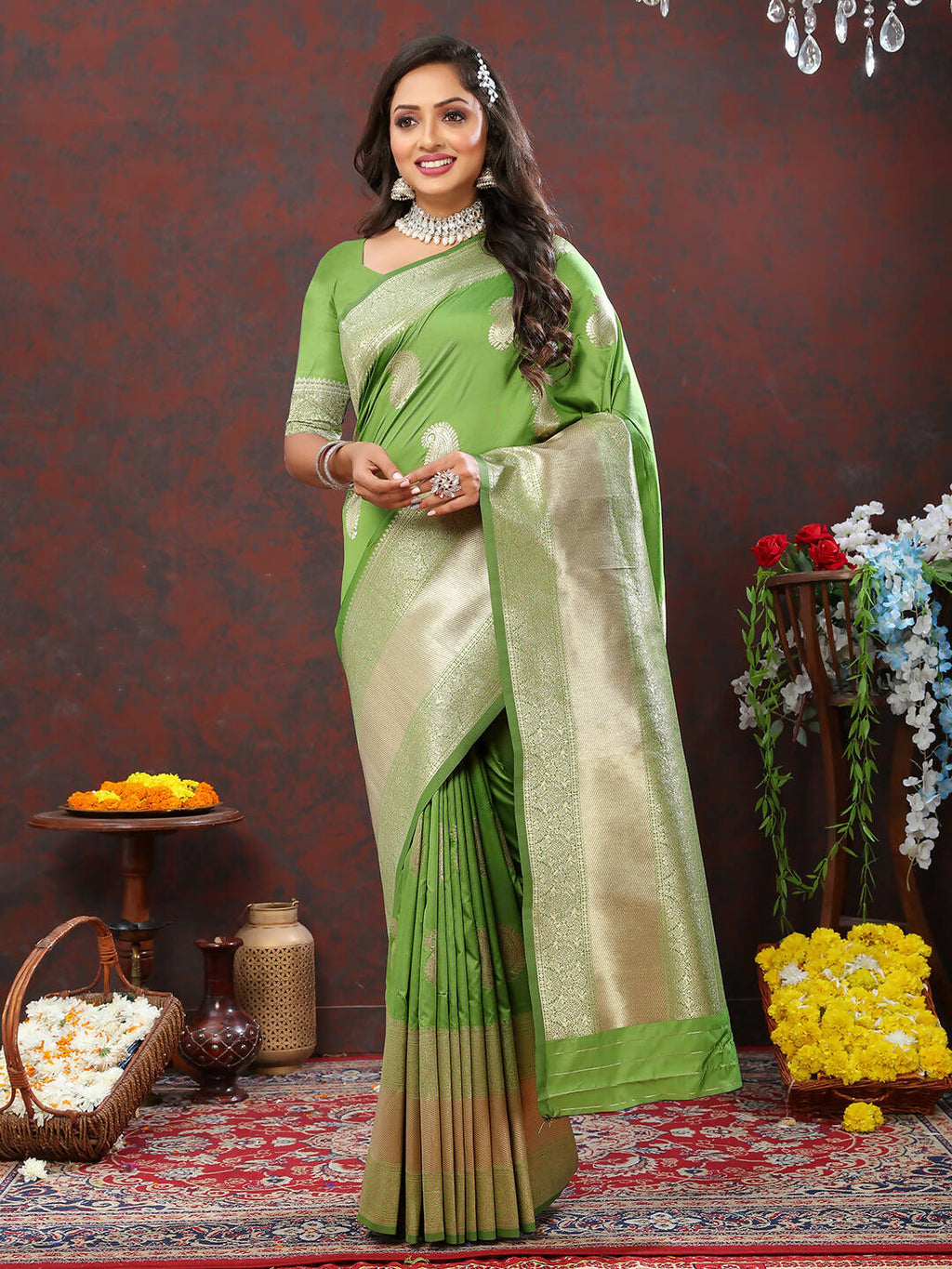 Lorenvalley Fashion Parotgreen Soft Silk Woven Design Gold Zari Weaving Saree