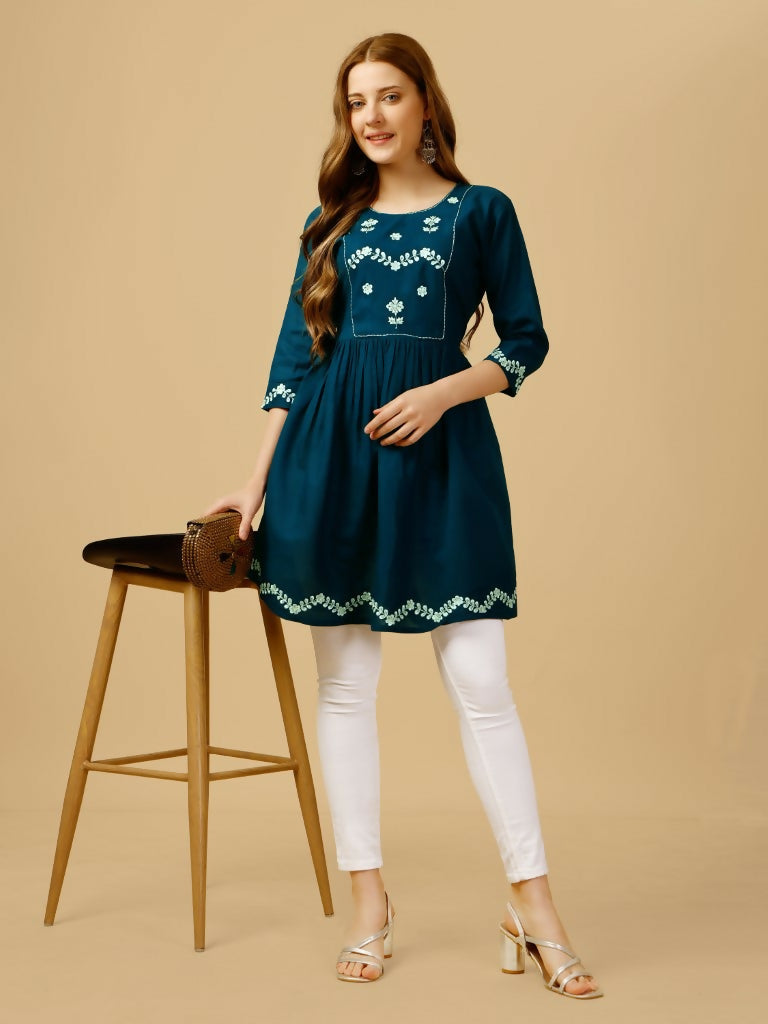Jyoti Fashion Women's Blue Viscose Rayon Embroidered Casual Top