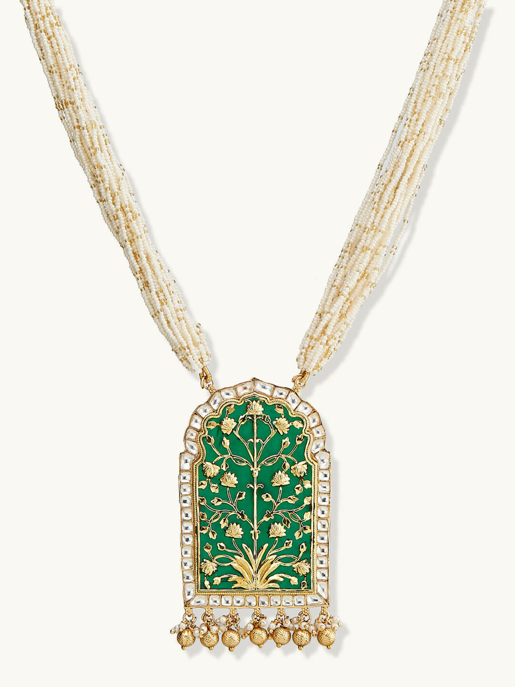 Nuyug 22K Gold-Plated Pearl Beaded Strings Green Enamel Pendant with Floral Motifs Necklace Set