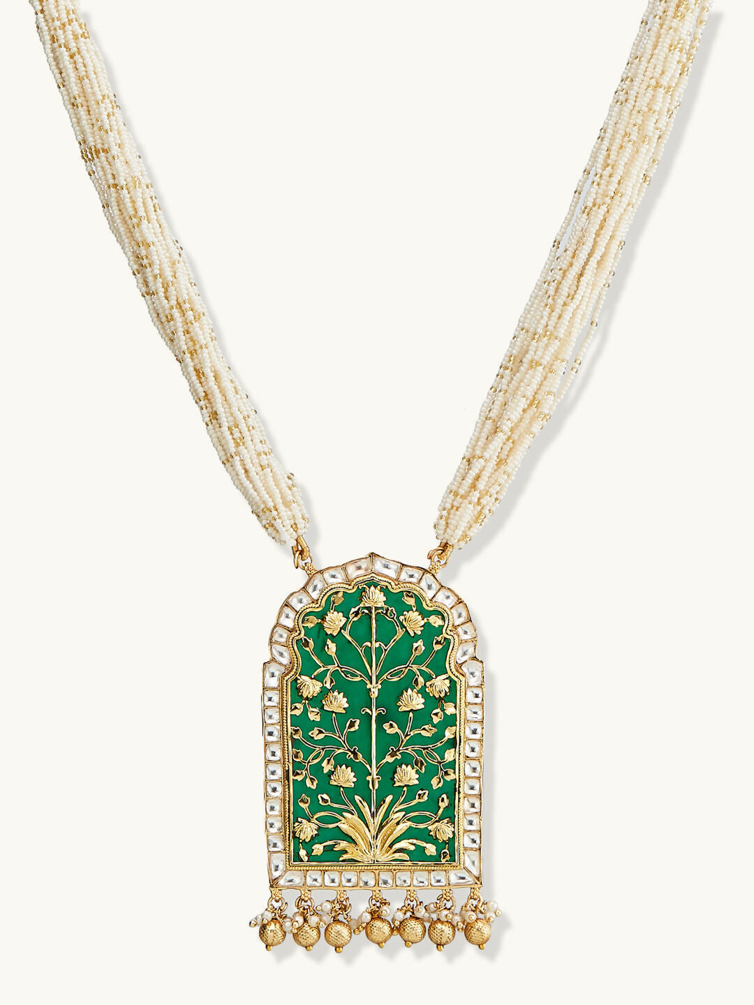 Nuyug 22K Gold-Plated Pearl Beaded Strings Green Enamel Pendant with Floral Motifs Necklace Set