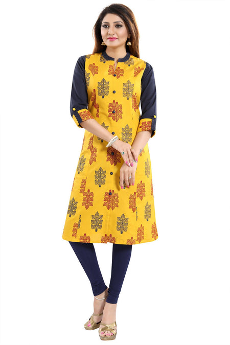 Snehal Creations Luscious Lemon Yellow Shirt Style Cotton Printed Tunic
