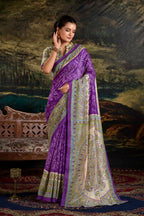 Vastranavya Purple Silk Madhubani & Bandhej Fusion Print Saree with Unstitched Blouse