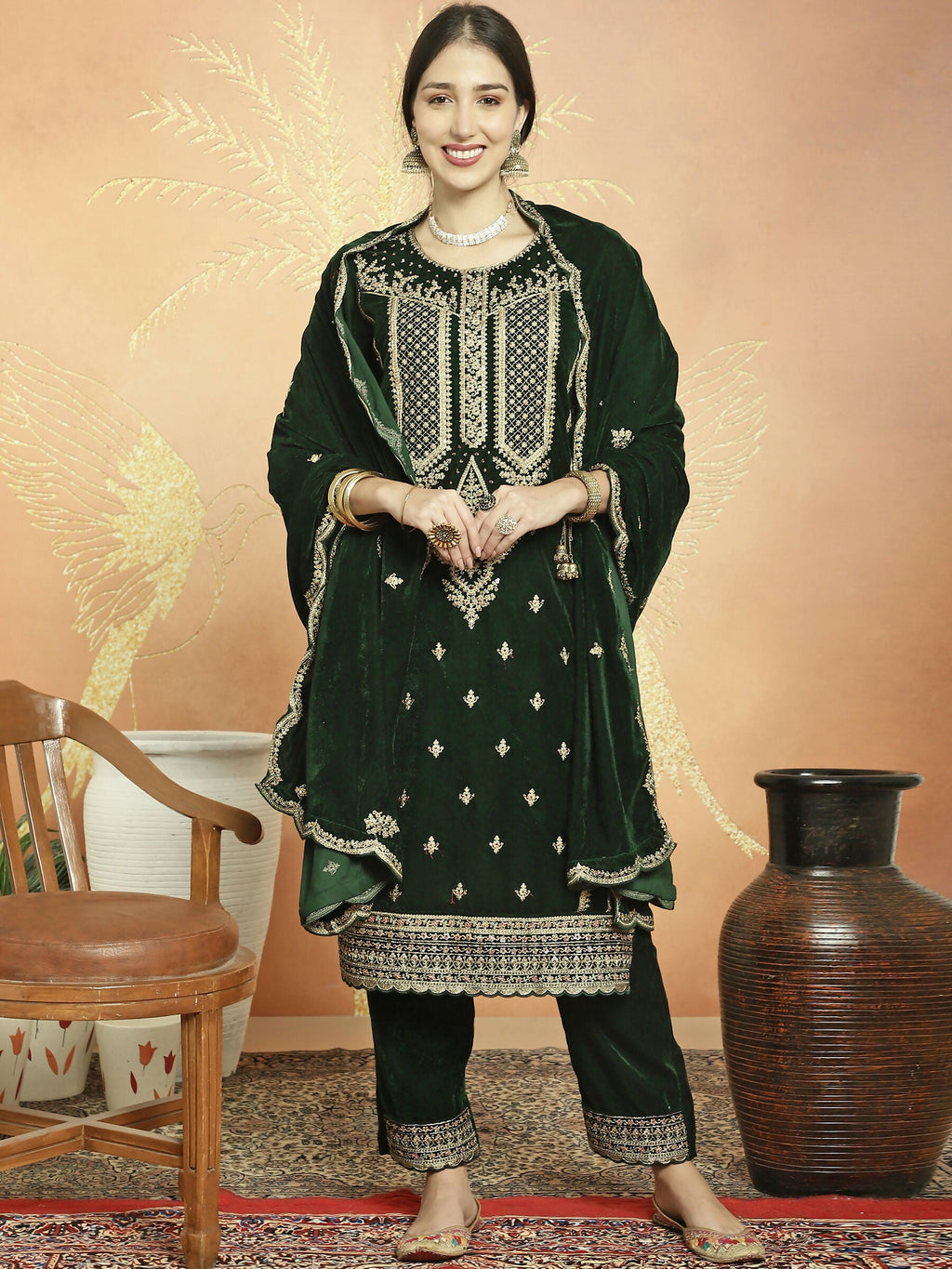 Jyoti Fashion Women's Green Velvet Cording with Resham Thread & Sequin Kurta with Trouser & Dupatta