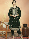 Jyoti Fashion Women's Green Velvet Cording with Resham Thread & Sequin Kurta with Trouser & Dupatta