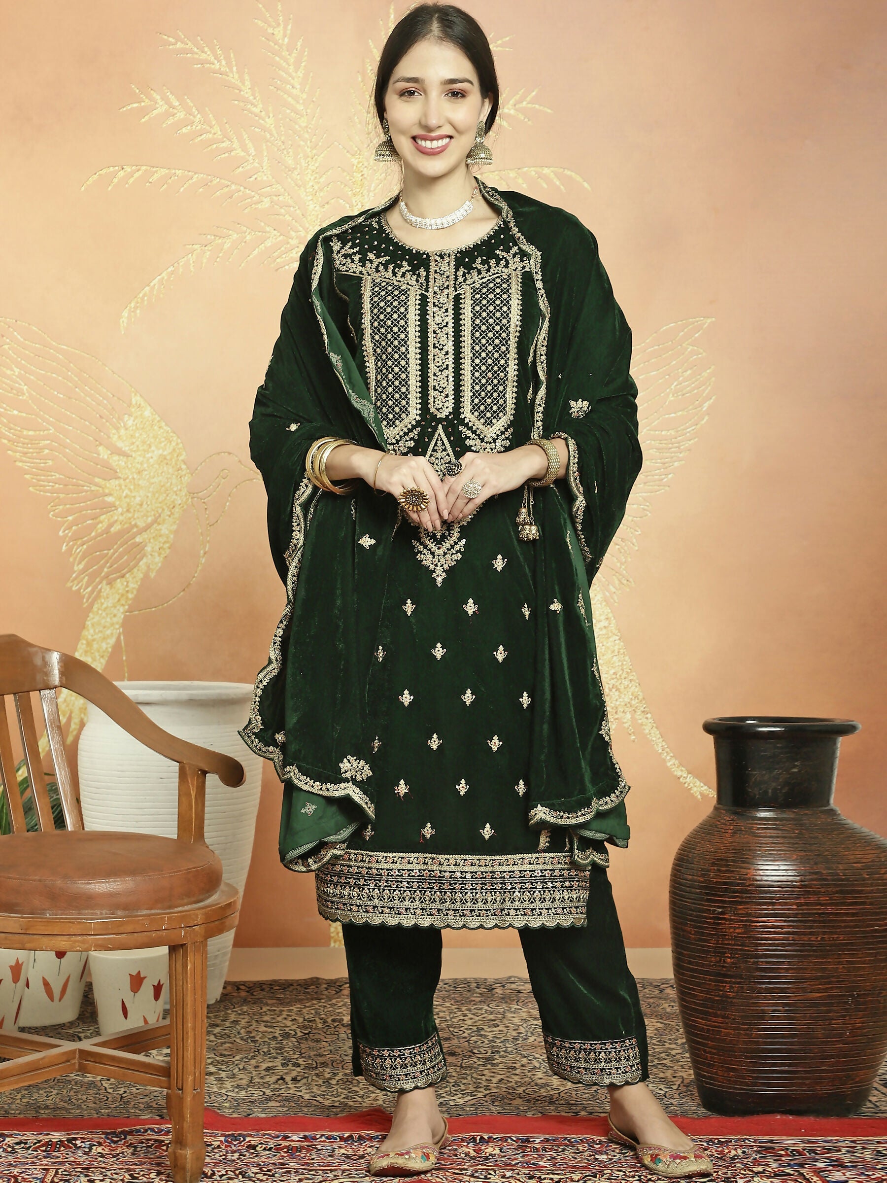 Jyoti Fashion Women's Green Velvet Cording with Resham Thread & Sequin Kurta with Trouser & Dupatta