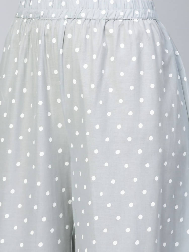 Yufta Grey and White Printed Kurta With Palazzo and Dupatta Set