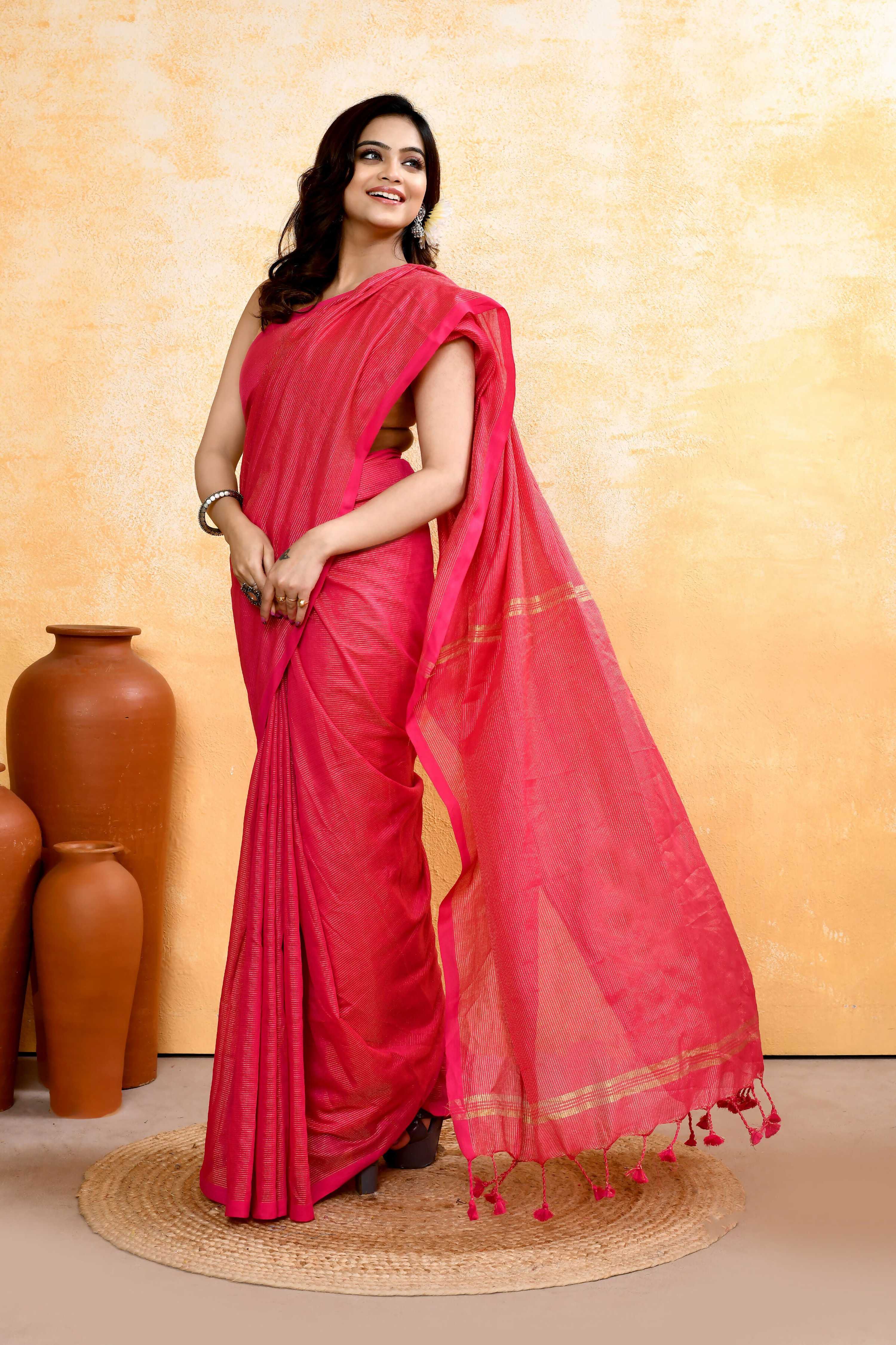 Piyari Fashion Women's Rani Pink Embellished Cotton Blend Zari Check Handloom Saree - Distacart