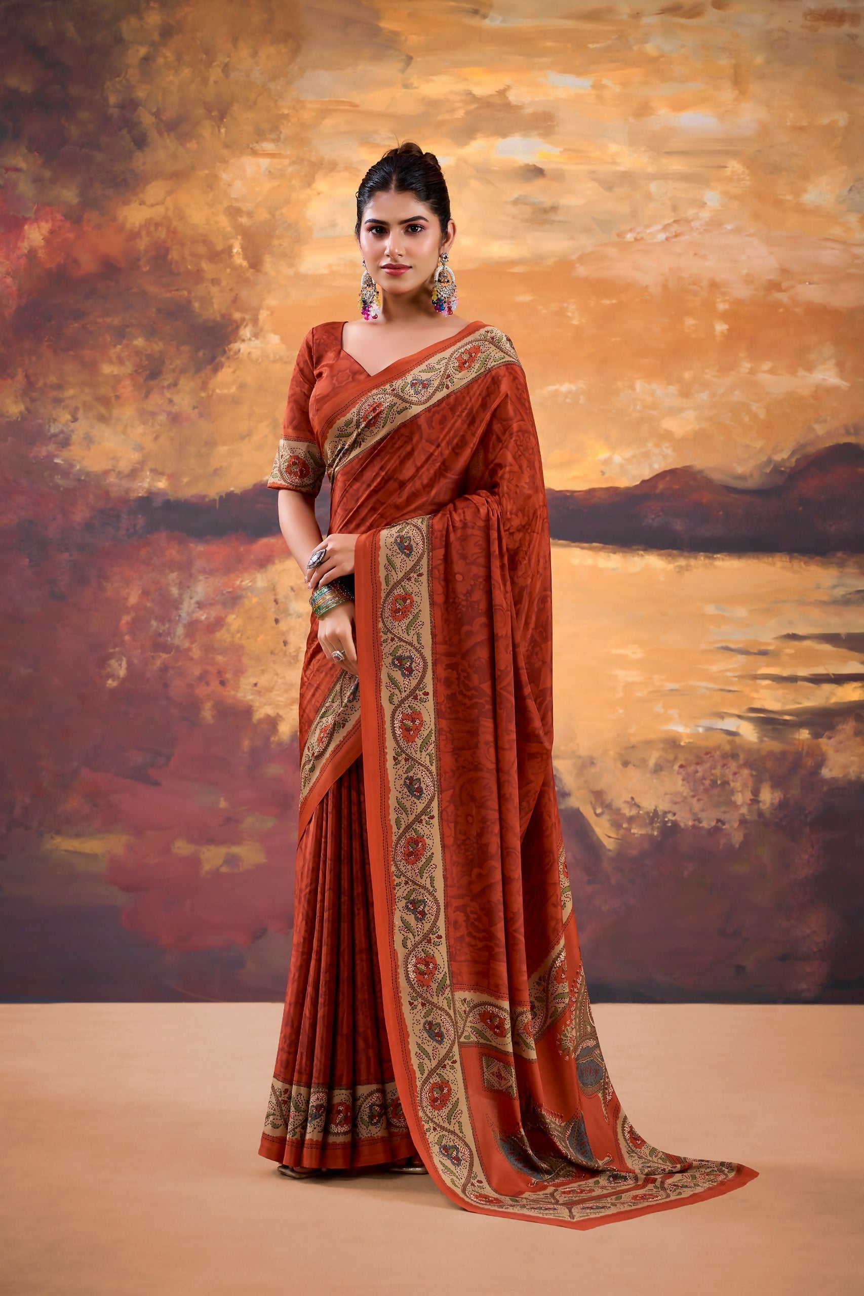 Vastranavya Orange Crepe Printed Saree with Unstitched Blouse - Distacart