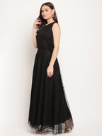 Ahalyaa Women's Black Net Glitter Print Top Skirt Set With Dupatta