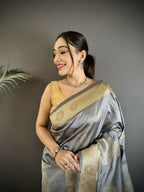 Joban Fashion Grey Paisley Soft Silk Banarasi Saree - Distacart