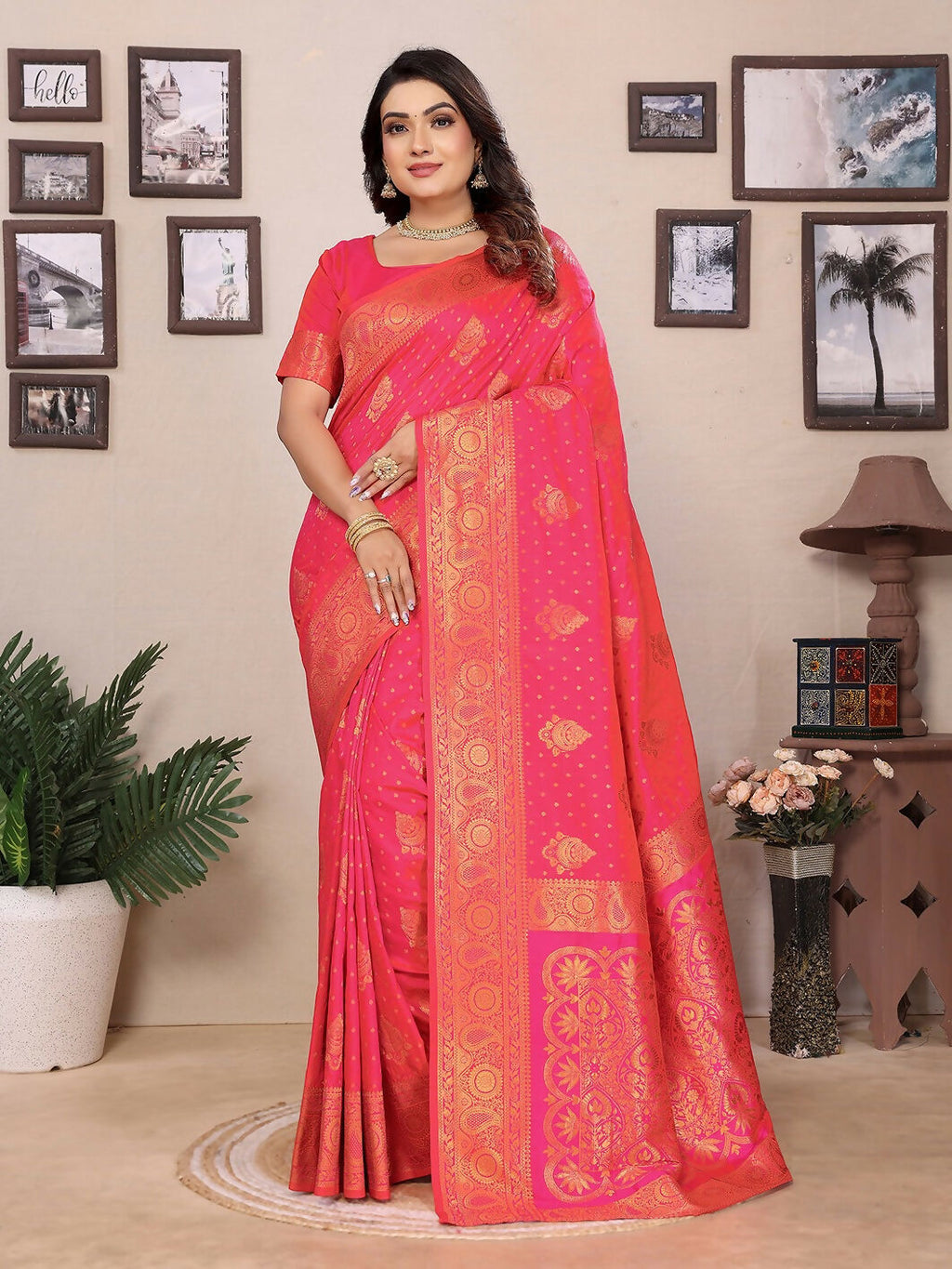 Joban Fashion Banarasi Pink Woven Soft Silk Saree - Distacart