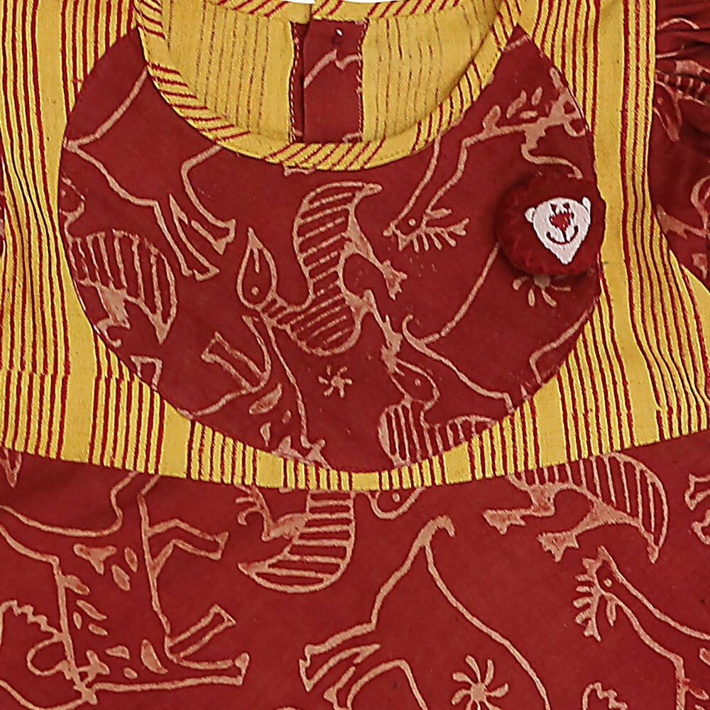 Mhyssa Gathered Sleeves Red Kurta With Full Length Yellow Palazzo Set For Kids