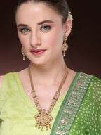 NVR Women's Gold-Polished Pink & Green Stone-Studded Peacock Design Temple Jewellery Set