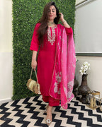 The52 Rani Women's Beautiful Viscose Chanderi Fabric Embroidered Work Straight Kurta Pant and Dupatta Set - Distacart