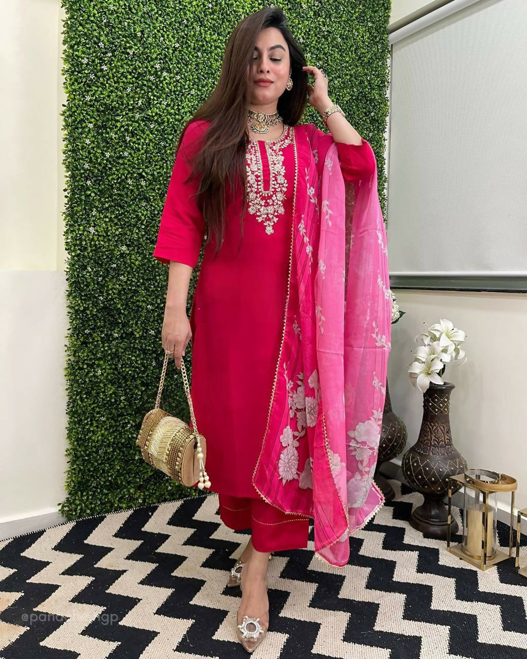 The52 Rani Women's Beautiful Viscose Chanderi Fabric Embroidered Work Straight Kurta Pant and Dupatta Set - Distacart