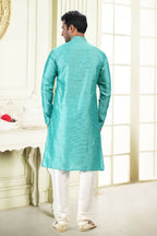 Raivat Ethnic Jacquard Banarasi Silk Thread Work Kurta Pajama In Teal Green Colour