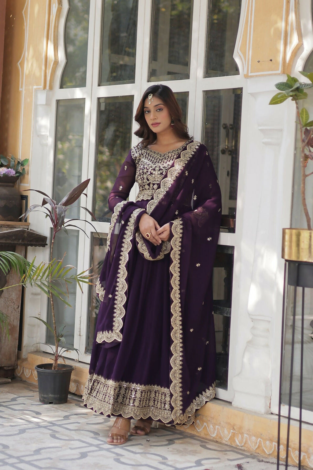 Joban Fashion Wine Georgette Sequence Embroidery Work Kurta Set - Distacart