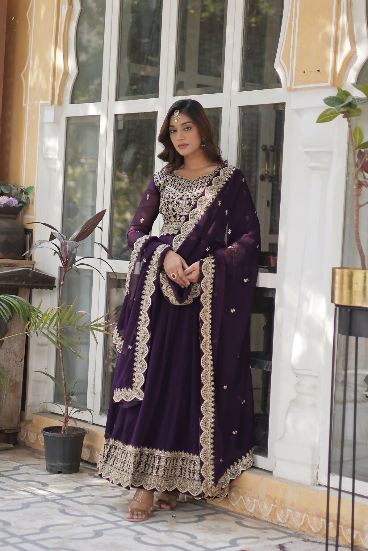 Joban Fashion Wine Georgette Sequence Embroidery Work Kurta Set - Distacart