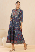 Juniper Indigo Floral Printed Rayon Maxi dress with Lace Work - Distacart
