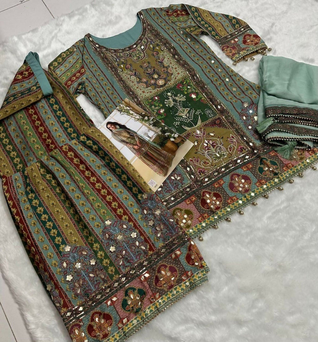 Anaita Sea Green Heavy Crepe Silk Ready Made Suit with Multi Digital Printed & Aari Work - Distacart