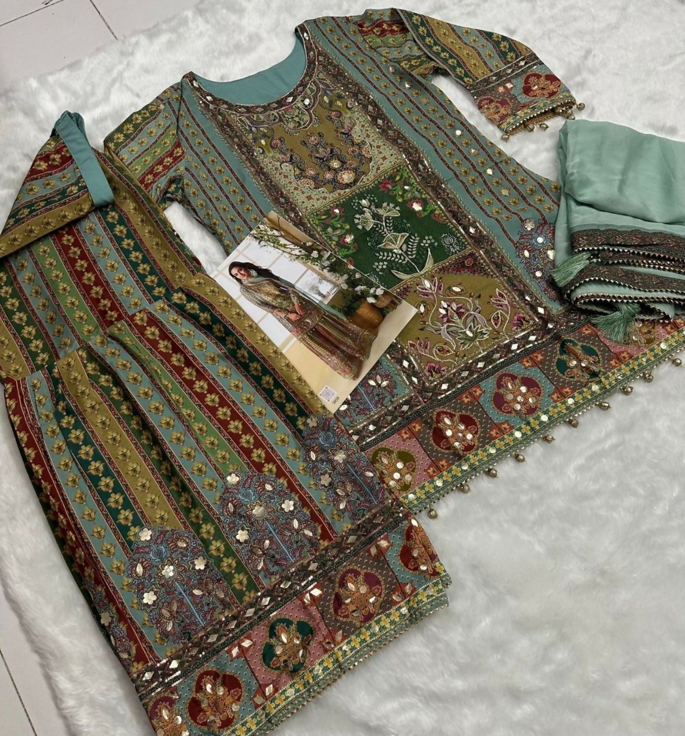 Anaita Sea Green Heavy Crepe Silk Ready Made Suit with Multi Digital Printed & Aari Work - Distacart