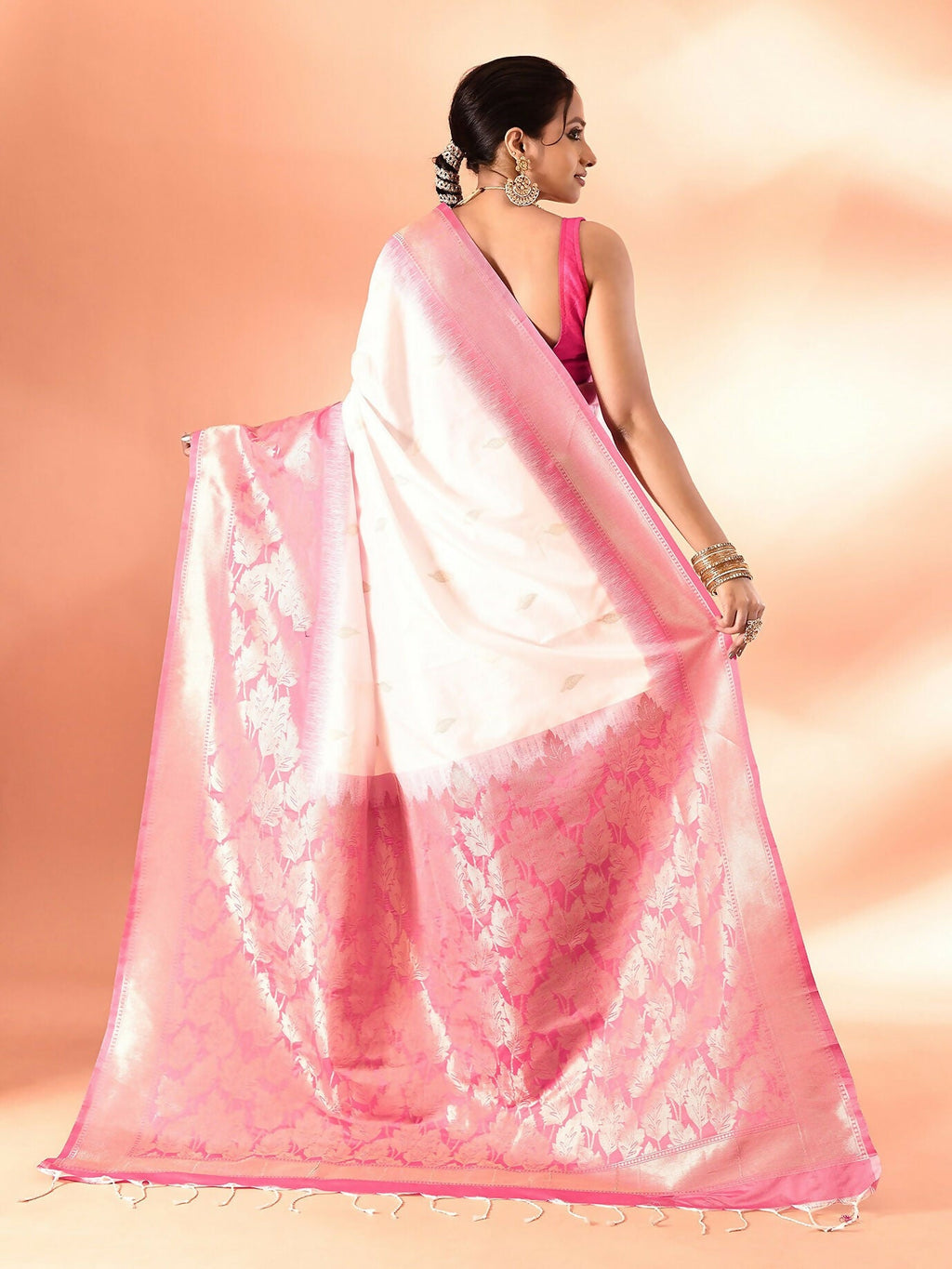 Joban Fashion White & Rani Pink Plain With Weaving Border Banarasi Silk Sarees