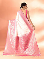 Joban Fashion White & Rani Pink Plain With Weaving Border Banarasi Silk Sarees