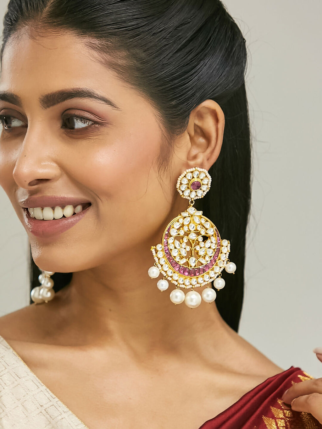 Nuyug 22K Gold-Plated Elegant Ruby & Kundan Stone Studded With Pearl Beaded Floral Chandbalis - Distacart