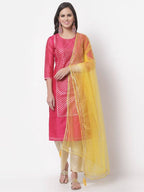 Myshka Women's Cotton Printed 3/4 Sleeve Round Neck Casual Dark Pink Kurta Pant Dupatta Set