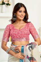 Vastranavya Cream Digital Printed Linen Ready To Wear Designer Saree with Unstitched Blouse - Distacart