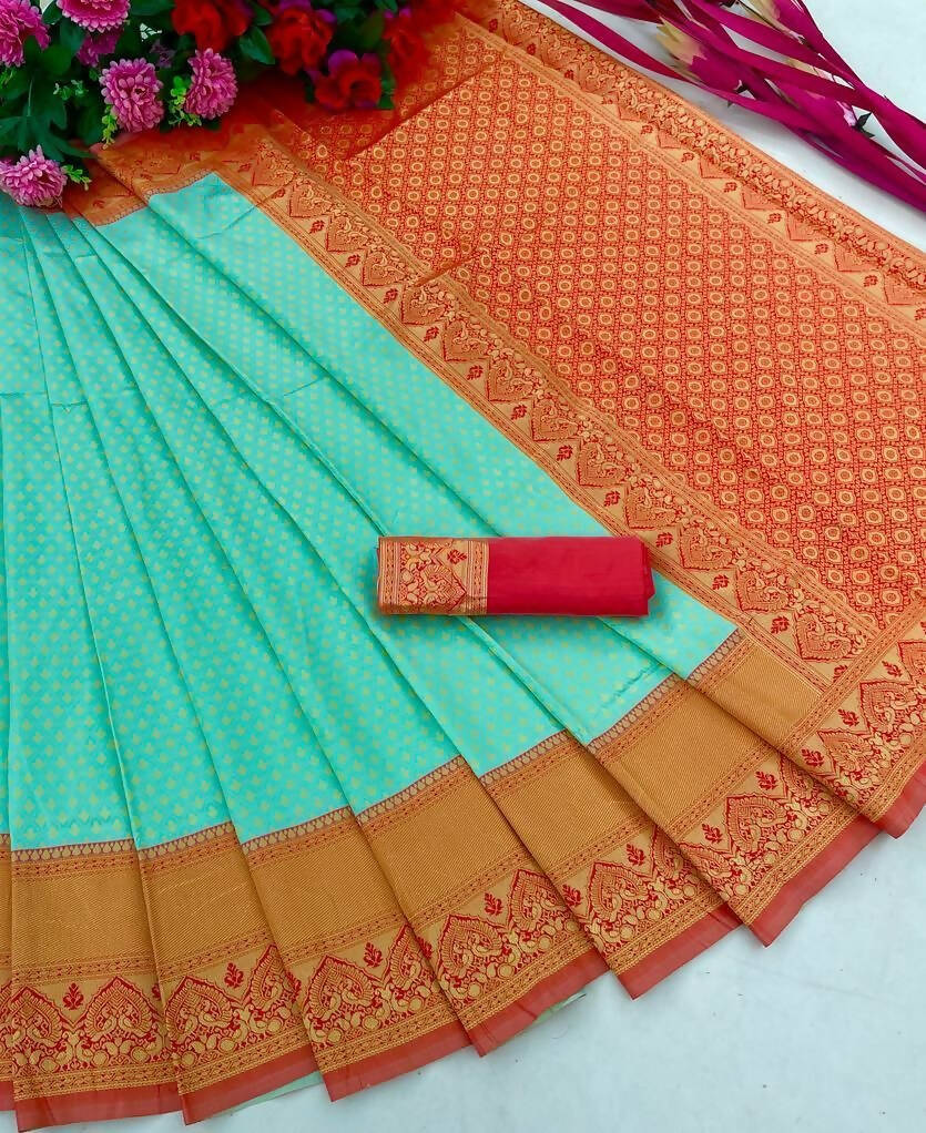 DEIANA'S Beautiful Designer Golden zari Soft Lichi Silk Saree - Sky