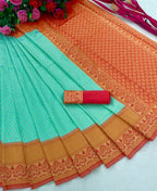 DEIANA'S Beautiful Designer Golden zari Soft Lichi Silk Saree - Sky
