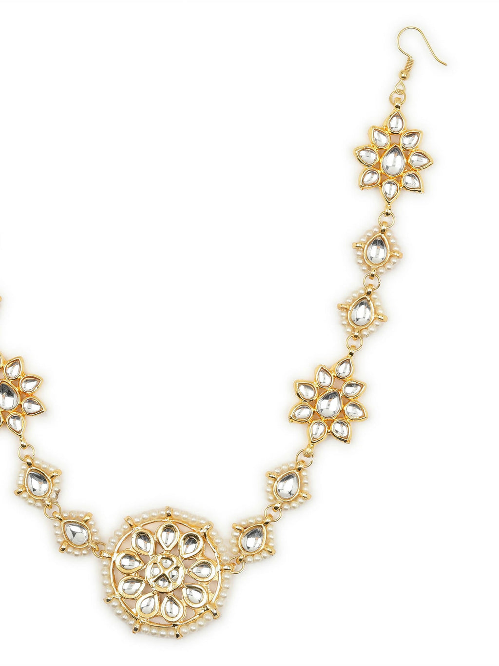 Gold-Plated White Kundan-Studded Pearl Beaded Hair Band - Ruby Raang - Distacart