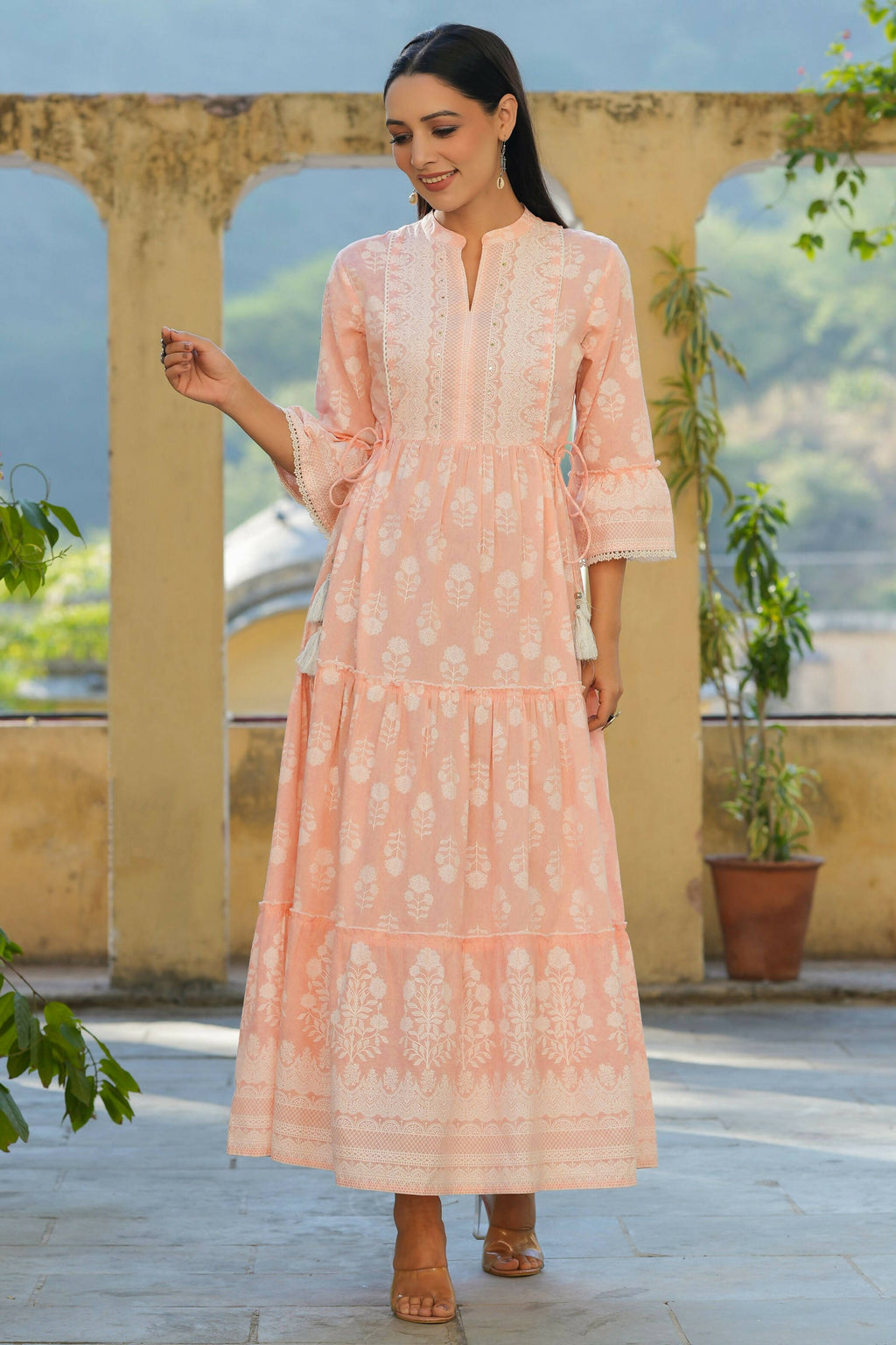 Juniper Women's Peach Cambric Floral Printed Maxi Tiered Dress - Distacart