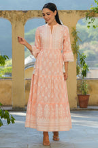 Juniper Women's Peach Cambric Floral Printed Maxi Tiered Dress - Distacart