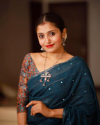 Blue Pure Linen Ethnic Motifs Saree with Unstitched Blouse - A2M - Distacart