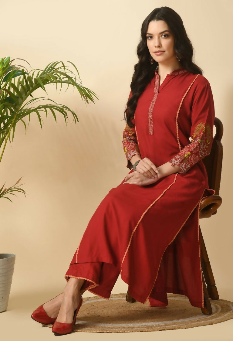 Joban Fashion Maroon Cotton Rayon Kurta Set