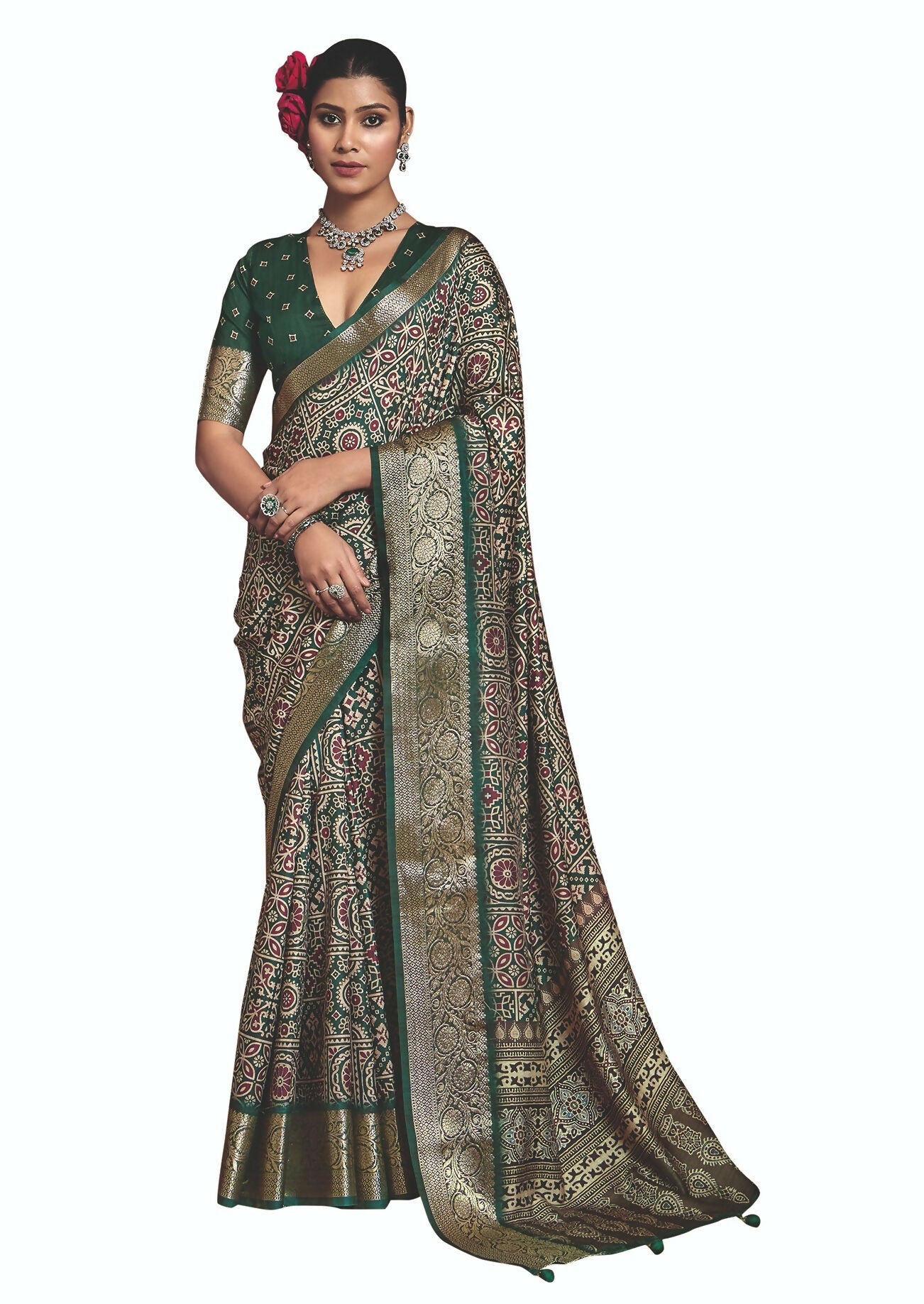 Joban Fashion Green Art Silk With Fine Viscose Border Ajrak Full Body Print With Soft Finish Saree - Distacart