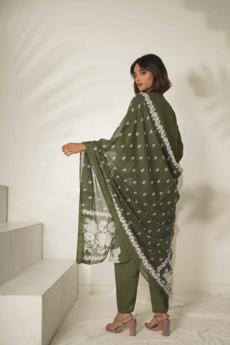 Miravan Women's Mehandi Pintucks Floral Pattern Cotton Straight Suit Set
