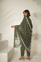 Miravan Women's Mehandi Pintucks Floral Pattern Cotton Straight Suit Set