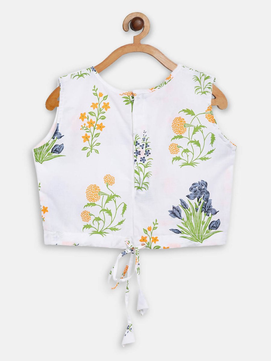 Ahalyaa Off White Cotton Printed Kids Top and Palazzo With Net Jacket For Girls