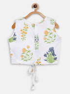 Ahalyaa Off White Cotton Printed Kids Top and Palazzo With Net Jacket For Girls