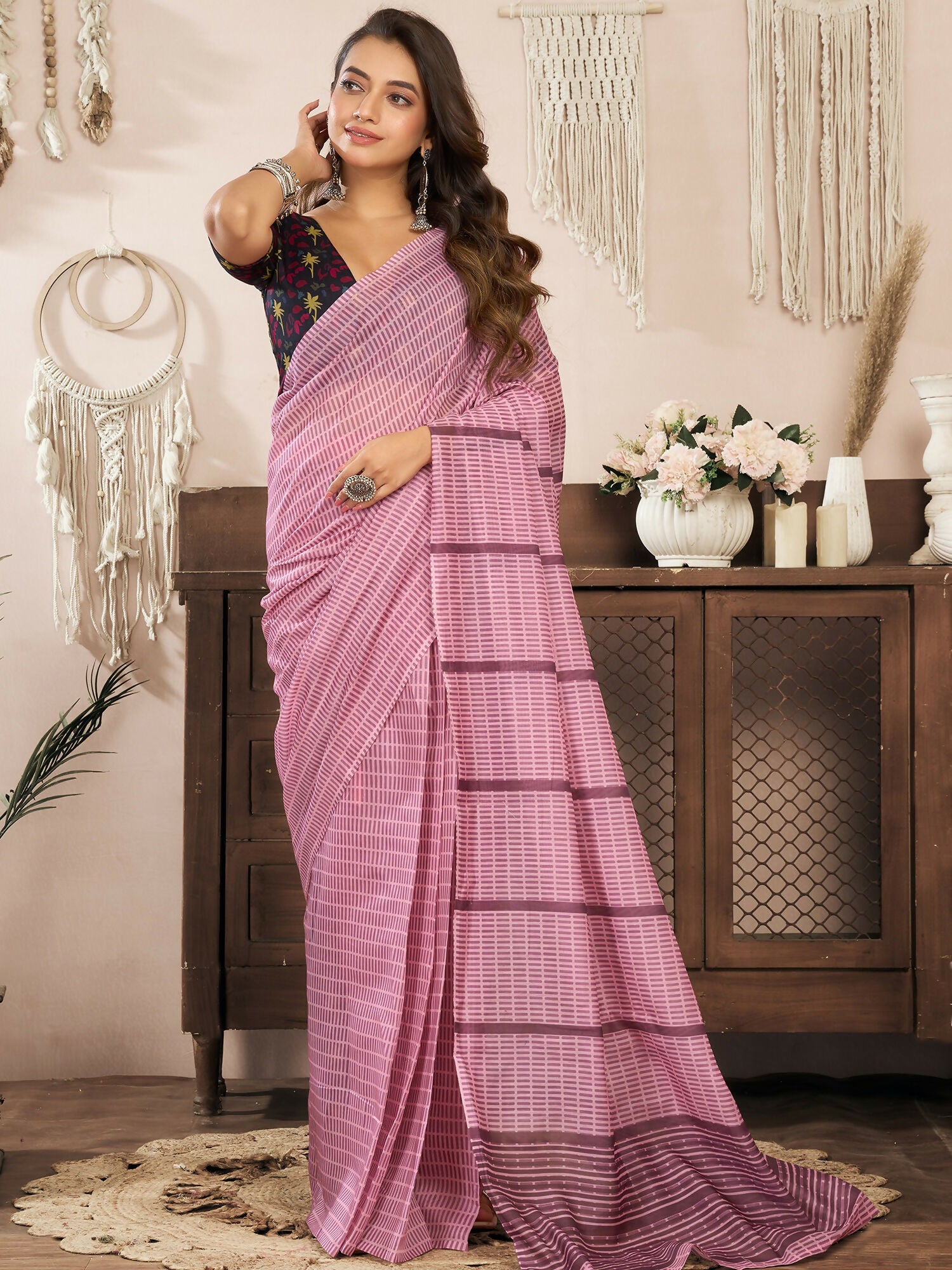 Joban Fashion Coral Pink Paisley & Geomatric Linen Ready To Wear Saree With Unstitched Blouse - Distacart