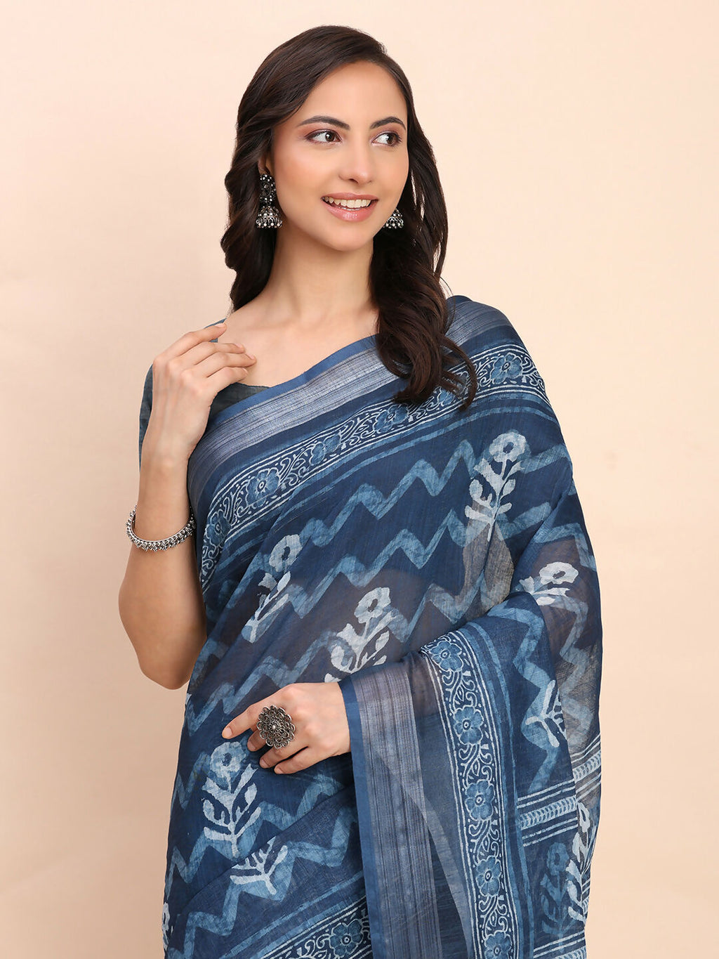 Shree Shyam Fashion Linen Cotton Indigo Blue Saree - Distacart