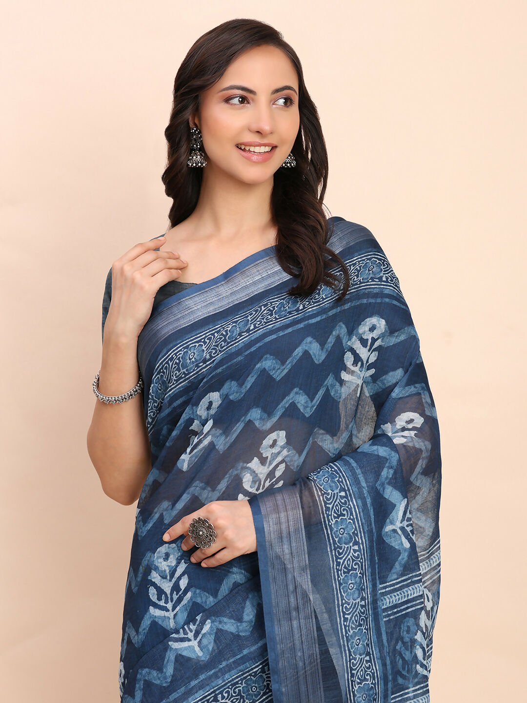 Shree Shyam Fashion Linen Cotton Indigo Blue Saree - Distacart