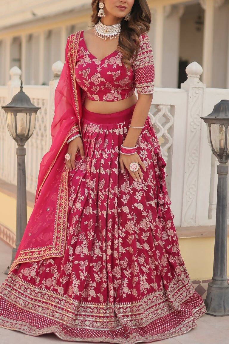 Vastranavya Designer Dyeable Pure Viscose Jacquard Fabric Lehenga Choli & Dupatta Set - Pink